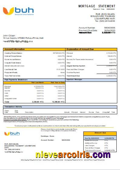 Haiti BUH bank mortgage statement